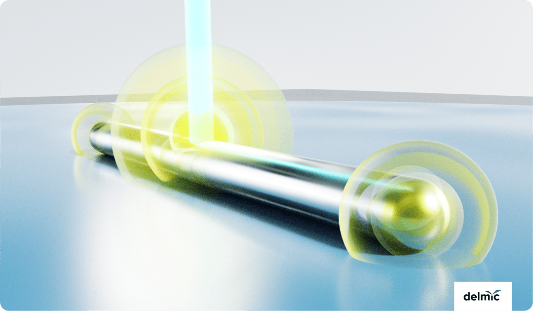 Artist impression of an electron beam hitting a silver nanowire and the resulting cathodoluminescence emission