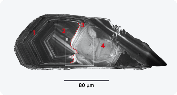 Cathodoluminescence image of one zircon grain