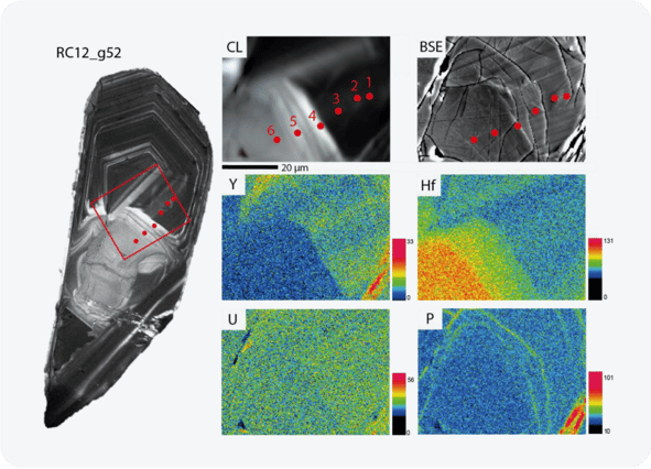 Cathodoluminescence, BSE, and WDS maps of trace elements in a zircon grain