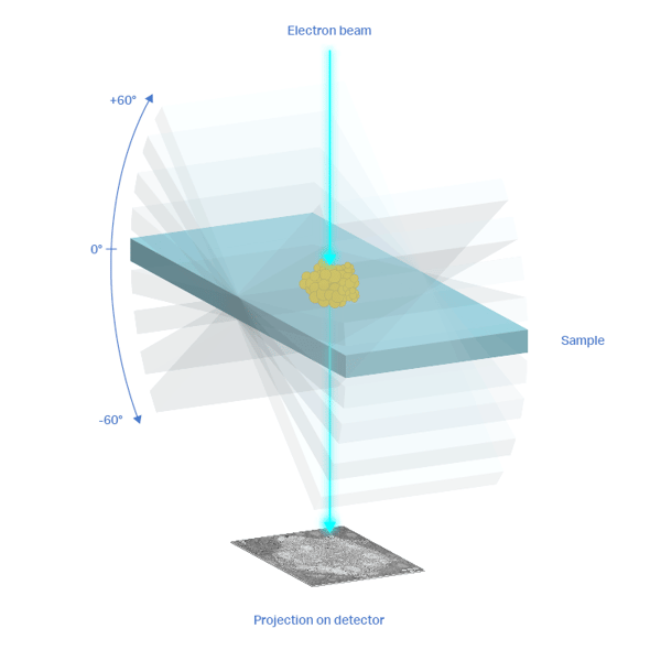 The sample section is imaged at tilting angles from -60° to 60°, forming a tilt series.